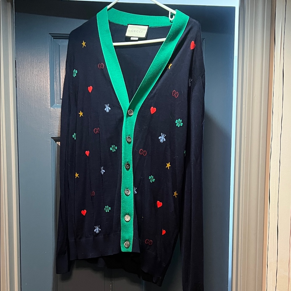 Gucci Navy Cardigan with Green Trim and Colorful Embroidery